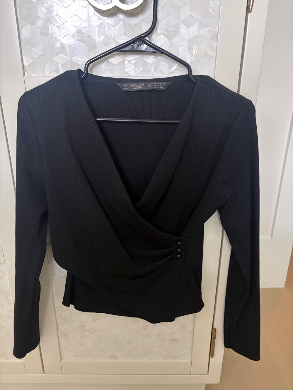 GOELIA Draped Wrap-Front Black Long Sleeve Top